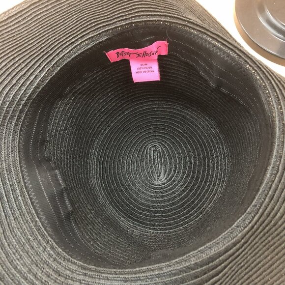 Vintage Betsey Johnson Black Woven Sun Hat w/ Rainbow Bow & Heart Charm